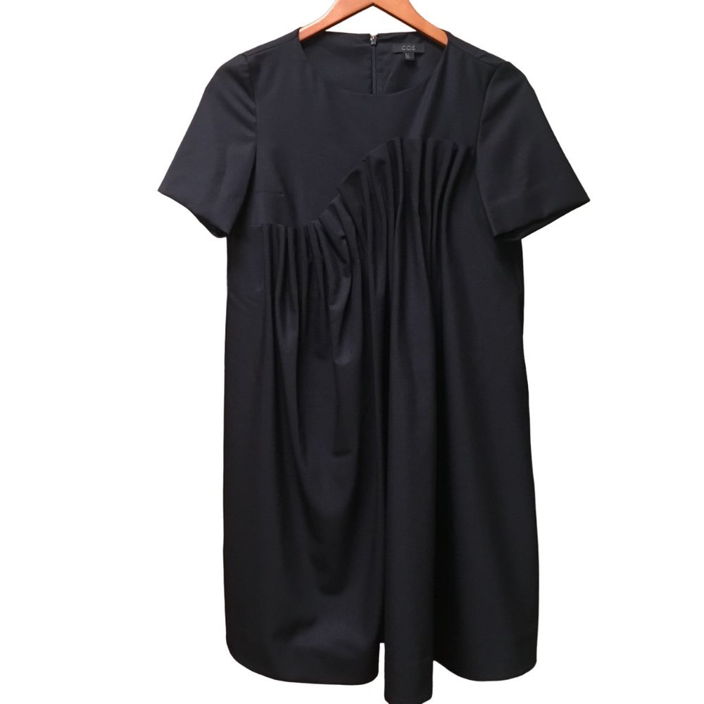 COS Wool Little Black Dress With Accordion Detailing Above The Knee With Pockets
